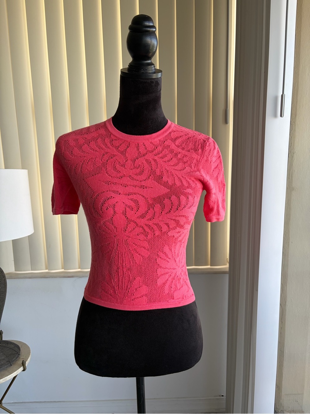 Christian Lacroix Coral Pink Textured Jacquard Knit Short Sleeve Top Womens XS